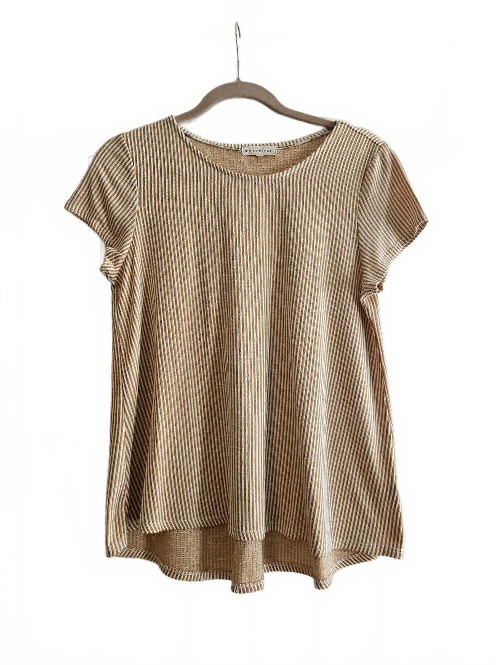 Retrology Striped Tan and White Rayon Blend Short Sleeve Top-Women's Size Medium